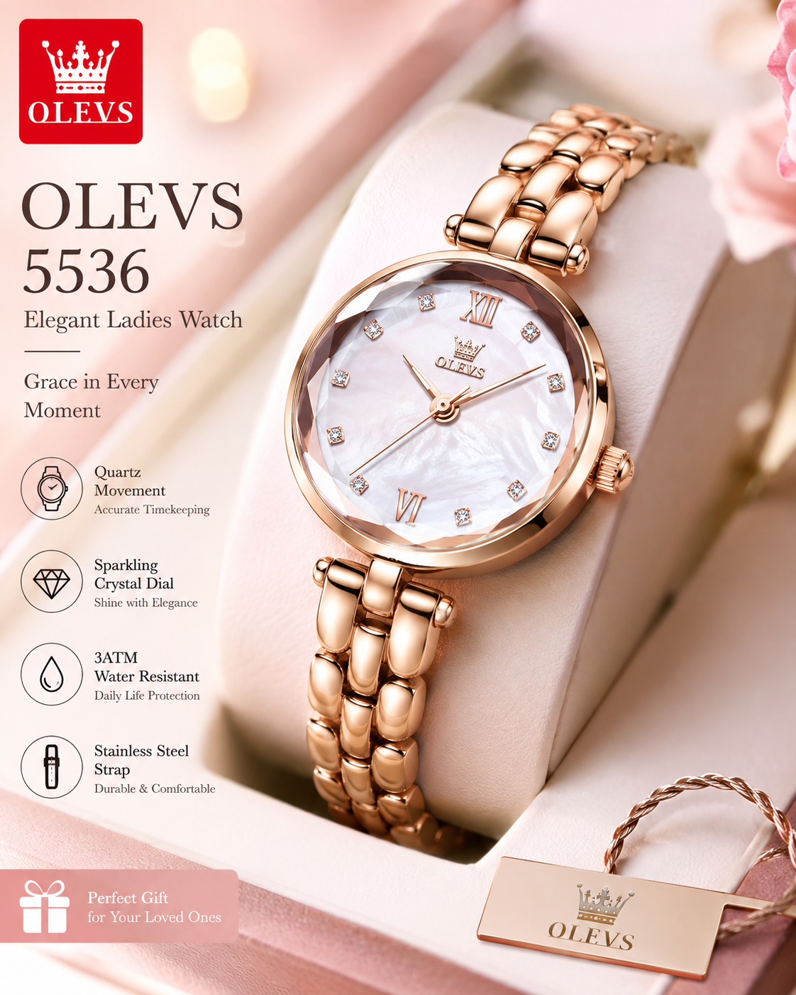 OLEVS 5536 Brand Beautiful Women's Watches Prism Mirror Waterproof Fashion Quartz Watch for Rose Genuine Date Ladies Wristwatch