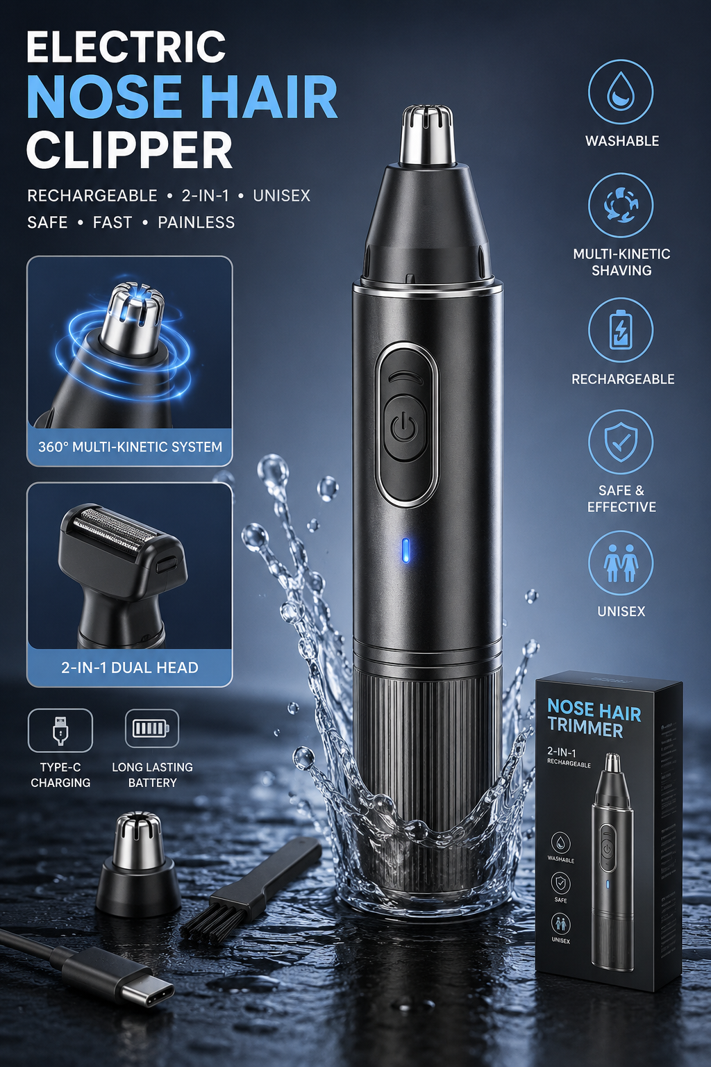 Electric Nose Hair Clipper Rechargeable Multi-kinetic Shaving Two-in-one Unisex Fully Automatic Washable Trimmer