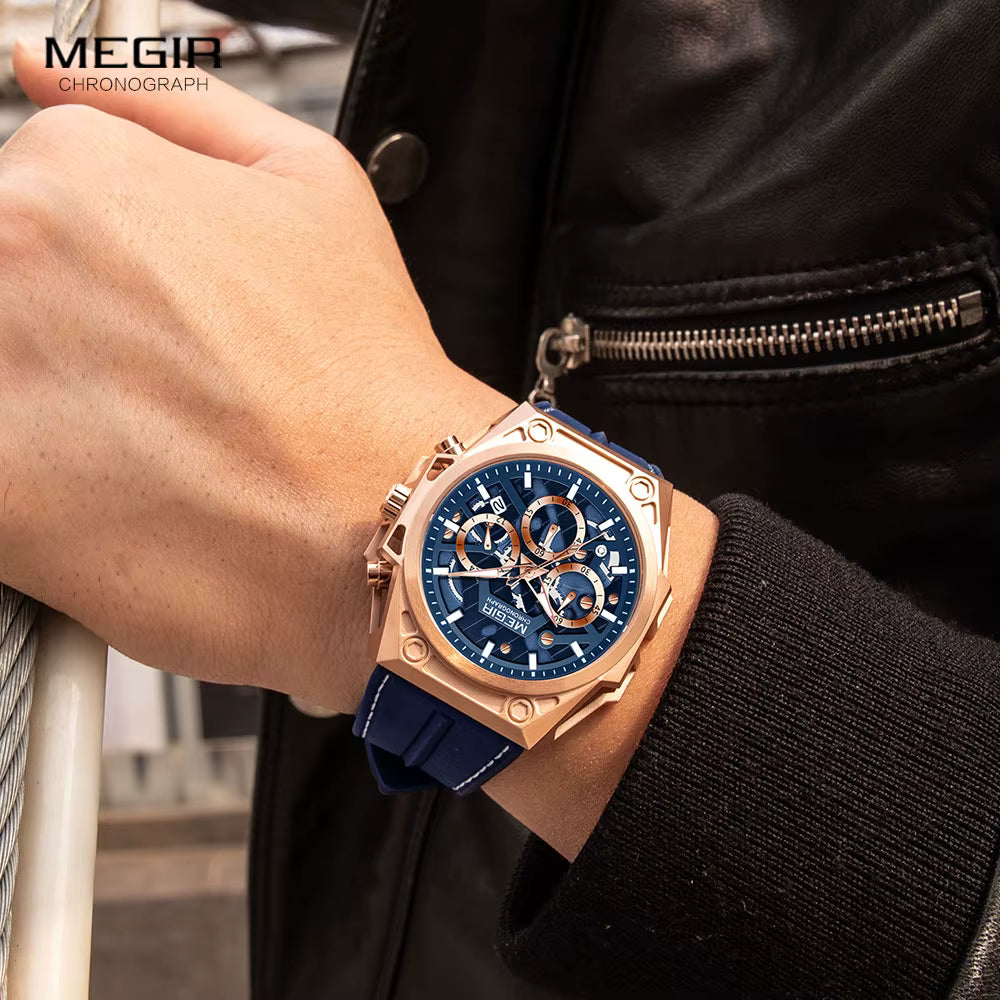 MEGIR Watch Men Blue Silicone Strap Quartz Watches Fashion Waterproof Chronograph WristWatch Man часы мужские relogio masculino