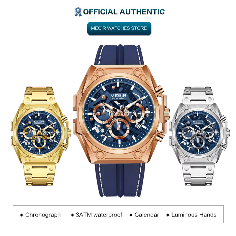 MEGIR Watch Men Blue Silicone Strap Quartz Watches Fashion Waterproof Chronograph WristWatch Man часы мужские relogio masculino