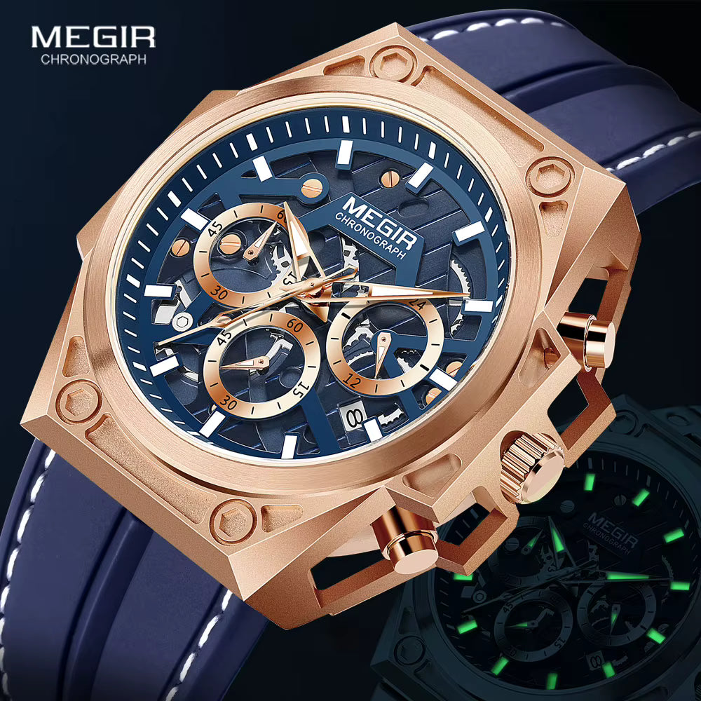 MEGIR Watch Men Blue Silicone Strap Quartz Watches Fashion Waterproof Chronograph WristWatch Man часы мужские relogio masculino
