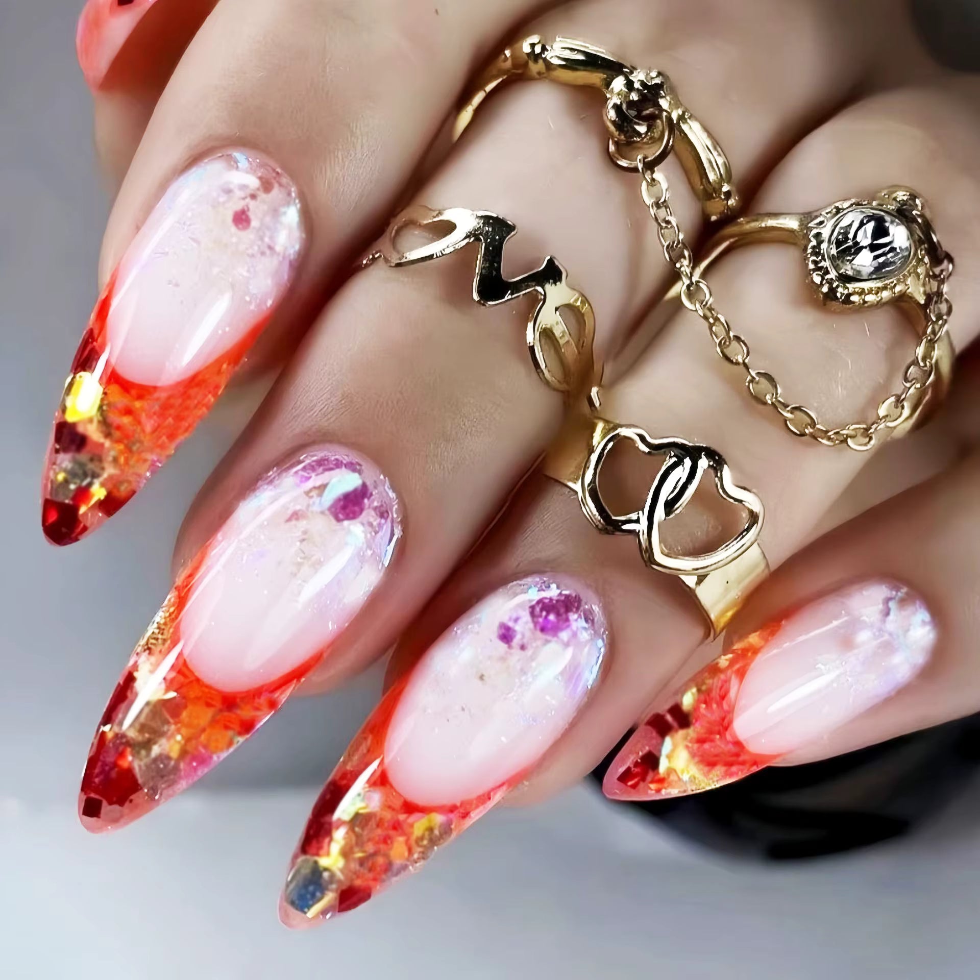 Medium fake nails for women girls gradient pink golden red marble strips printing Square almond nail tips press on false nail