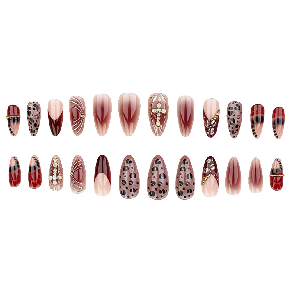 Medium fake nails for women gradient coffee brown 3D embossed flowers or leopard cross with rhinestones full cover press on nail