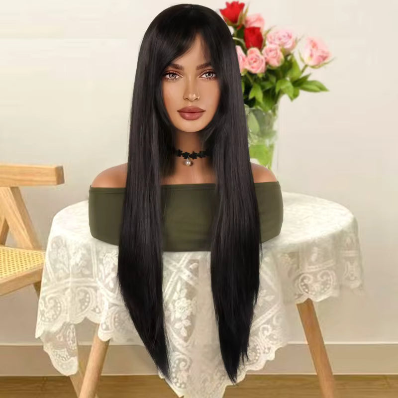 Woman Daily Clothing Match Straight Black Long Hair Ball Evening Dress Dress Up Curtain Bangs Headgear Party Lady Synthetic Wig