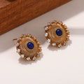 Women's Vintage Gold Plated Lapis Lazuli Sunburst Stud Earrings with Zircon Crystal Accents, Fashion Jewelry Gift