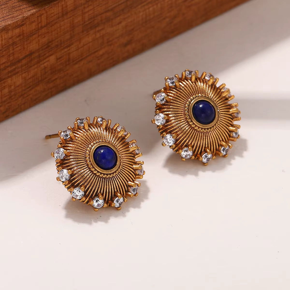 Women's Vintage Gold Plated Lapis Lazuli Sunburst Stud Earrings with Zircon Crystal Accents, Fashion Jewelry Gift