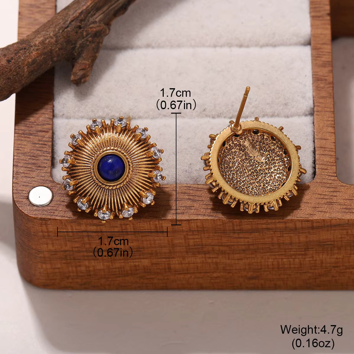 Women's Vintage Gold Plated Lapis Lazuli Sunburst Stud Earrings with Zircon Crystal Accents, Fashion Jewelry Gift