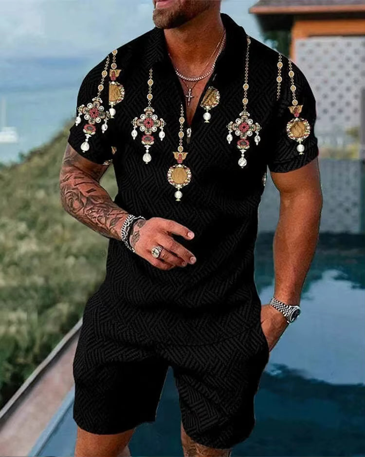 Men's Tracksuit Set Summer Luxury Pattern 3D Print Casual Zipper Polo Shirt Suit Shorts 2 Pcs Fashion Streetwear Man Clothing