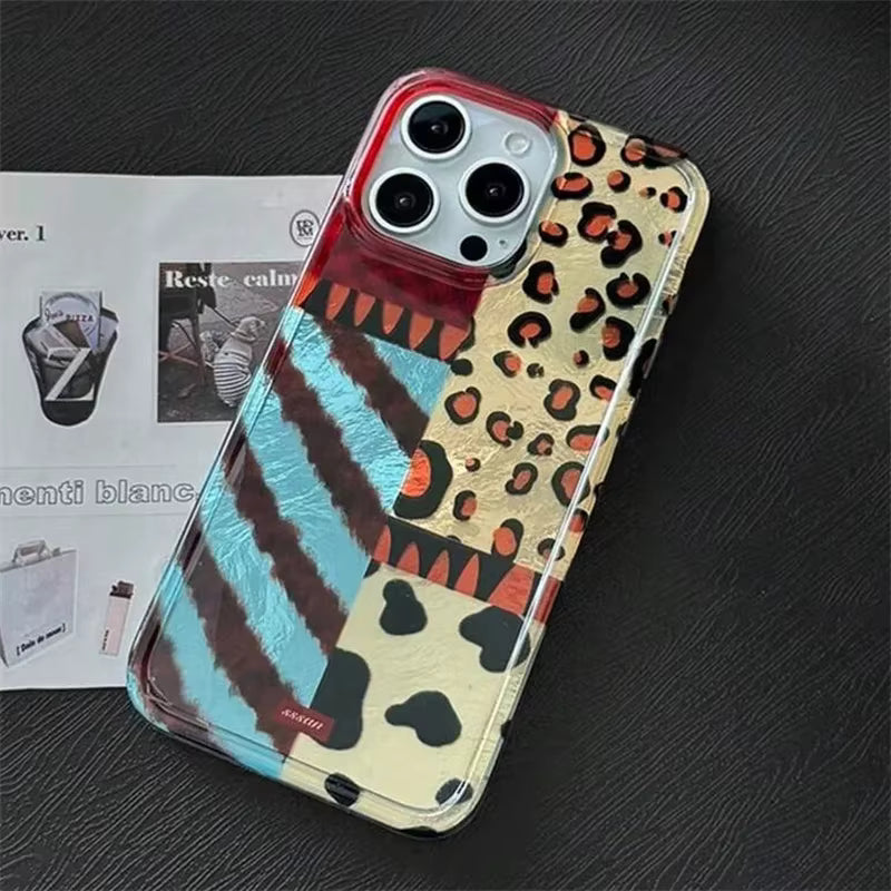 Ins Stripes Leopard Jigsaw Wave Point Print Phone Case for iPhone 16 17 15 14 13 11 12 Pro Max Plus Patchwork Vortex Cover Funda