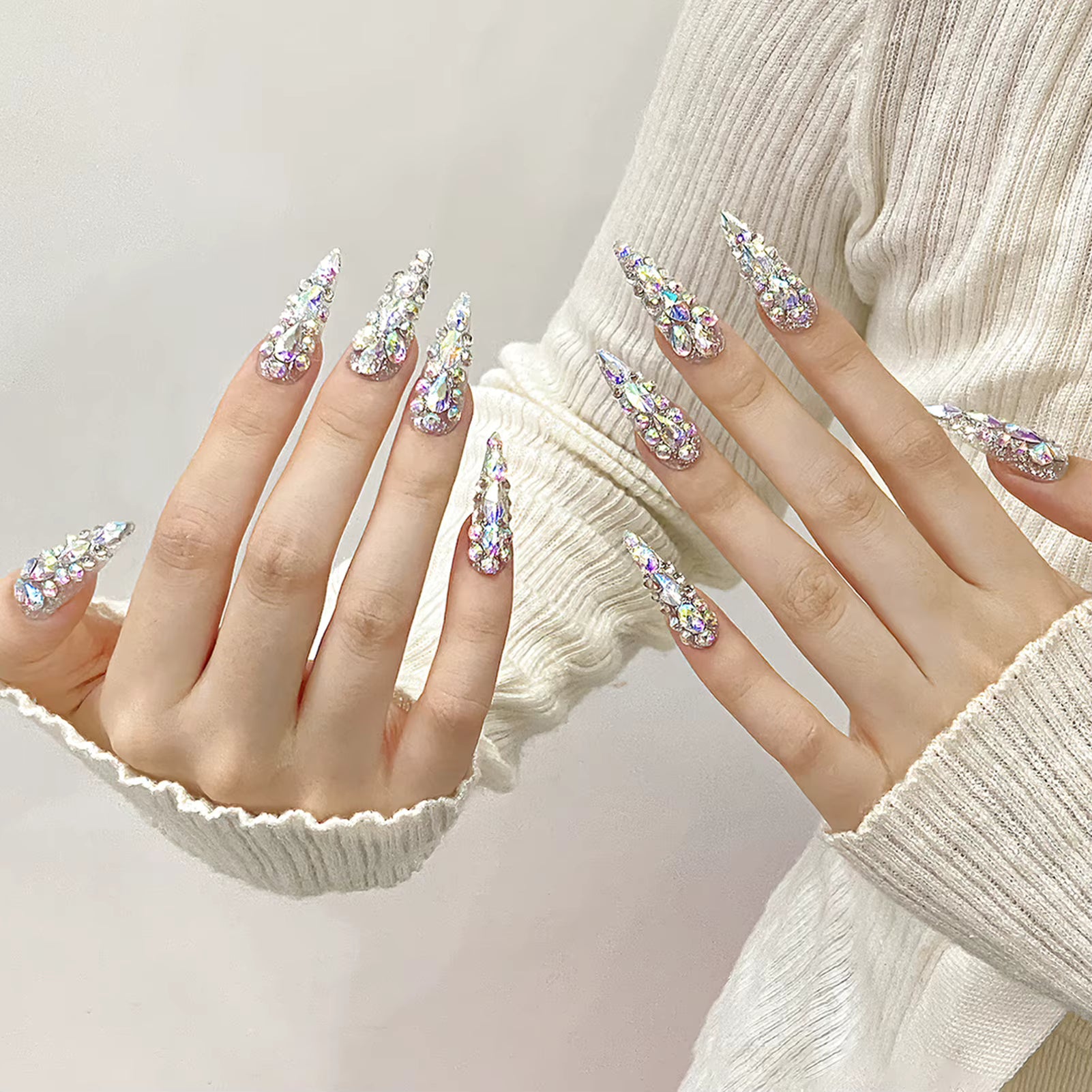 10pcs Handmade Press On Nails Long Stiletto False Nails Massive Glossy Rhinestone Decor Full Cover Ballerina Wearable Manicure