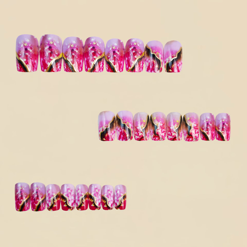 Medium fake nails for women girls gradient pink golden red marble strips printing Square almond nail tips press on false nail