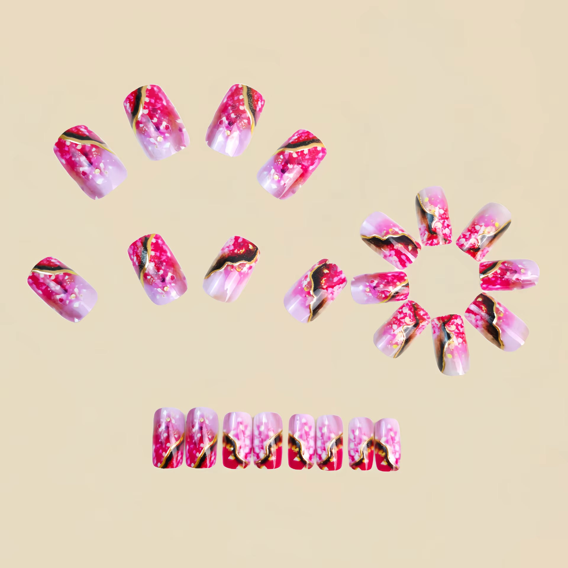 Medium fake nails for women girls gradient pink golden red marble strips printing Square almond nail tips press on false nail