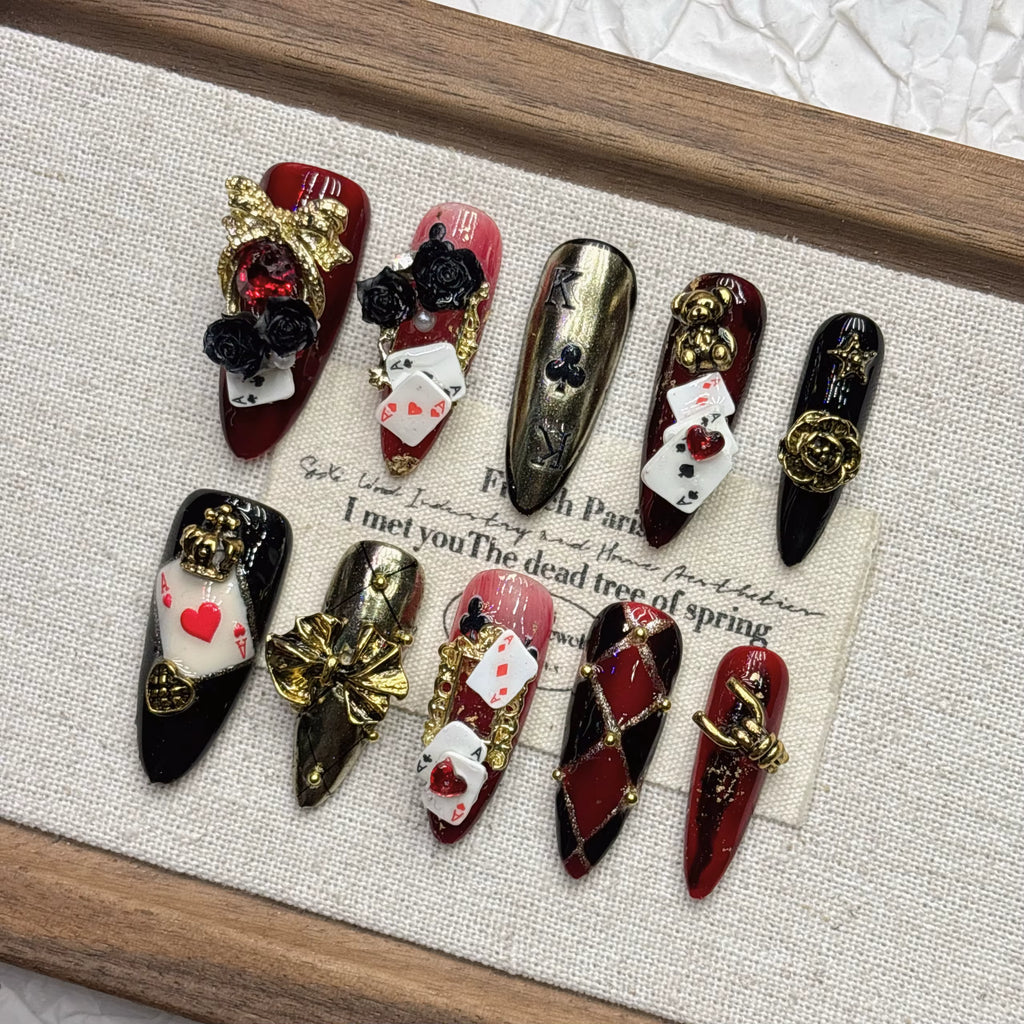10Pcs Gothic Alice Poker 3D Heavy Metal Coffin Press On Nails, Wine Red Black Gold Rhombus Fake Nails With Poker Cards Black Rose