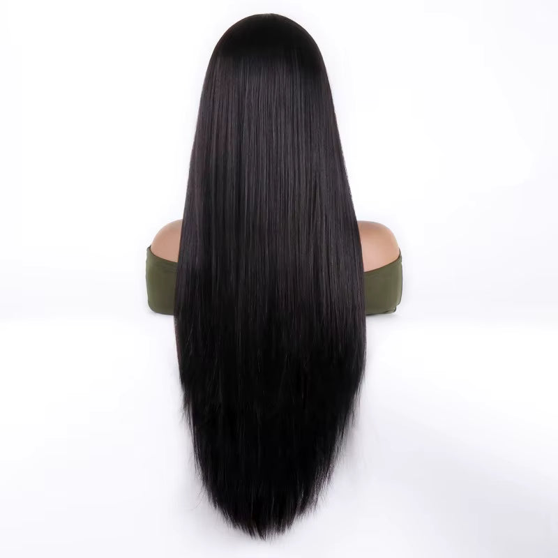 Woman Daily Clothing Match Straight Black Long Hair Ball Evening Dress Dress Up Curtain Bangs Headgear Party Lady Synthetic Wig