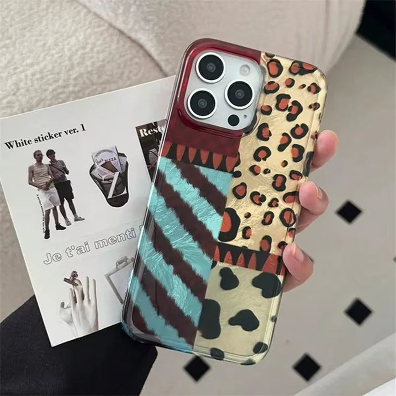 Ins Stripes Leopard Jigsaw Wave Point Print Phone Case for iPhone 16 17 15 14 13 11 12 Pro Max Plus Patchwork Vortex Cover Funda