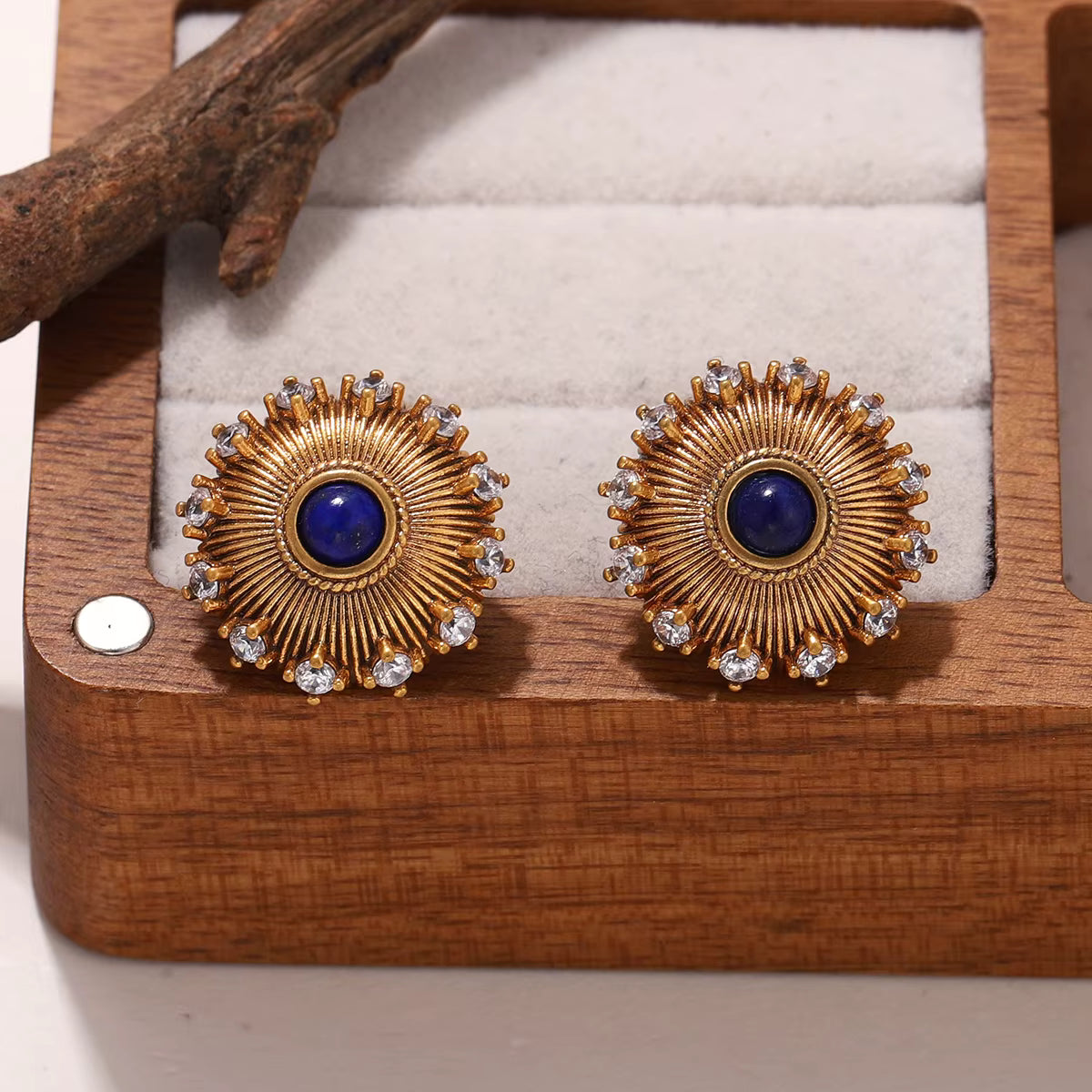 Women's Vintage Gold Plated Lapis Lazuli Sunburst Stud Earrings with Zircon Crystal Accents, Fashion Jewelry Gift