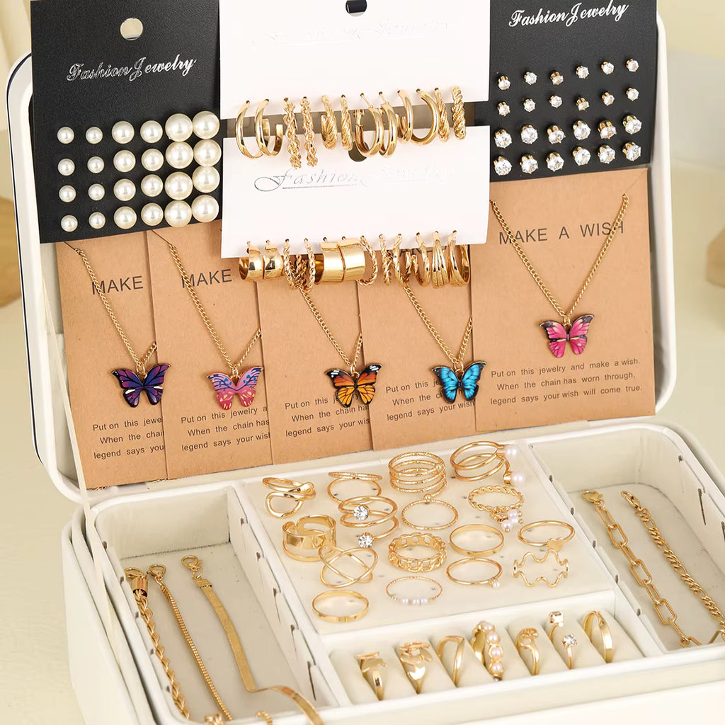 104 Pcs/Set Fashion Metal Pearl Zircon Earrings &nbsp;Butterfly Necklaces Bracelets Rings Combinations Jewelry Sets For Women's Gifts