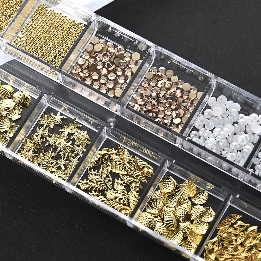 12Grids Ocean Gold Nail Art Charms Shell/Seahorse/Starfish White Half Round Pearl Gems 3D Mixed Punk Manicure Metal Rivets Studs