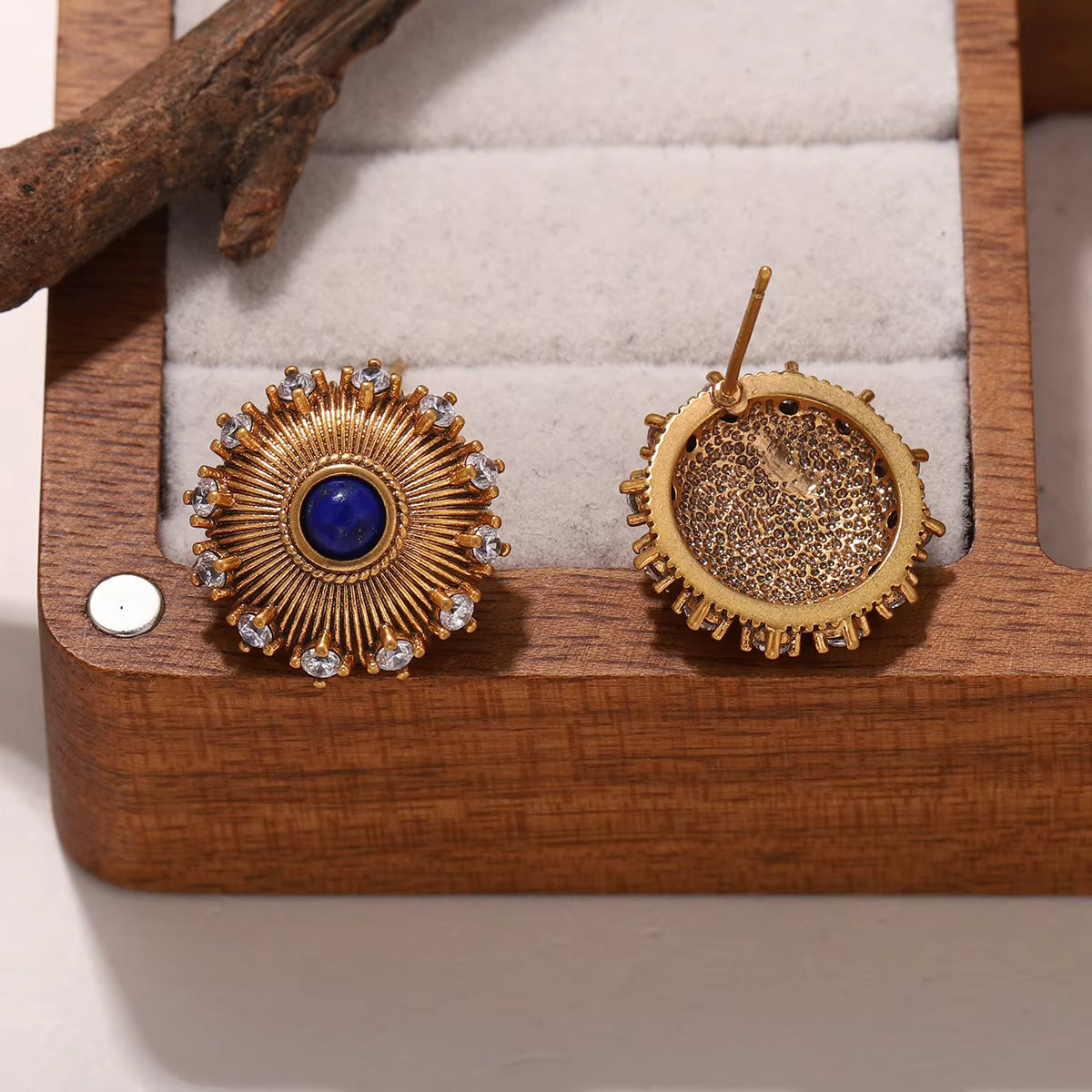 Women's Vintage Gold Plated Lapis Lazuli Sunburst Stud Earrings with Zircon Crystal Accents, Fashion Jewelry Gift
