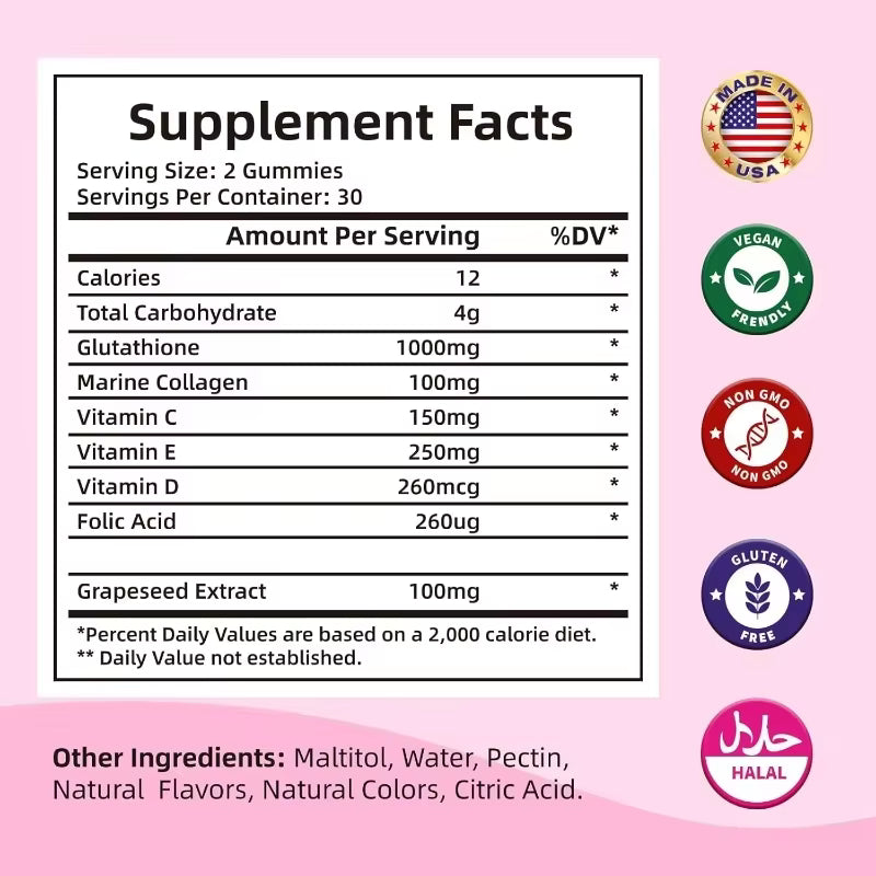 Collagen glutathione gummies supplement: Vitamin C E、D&B12 ， Anti aging formula and bone strengthening