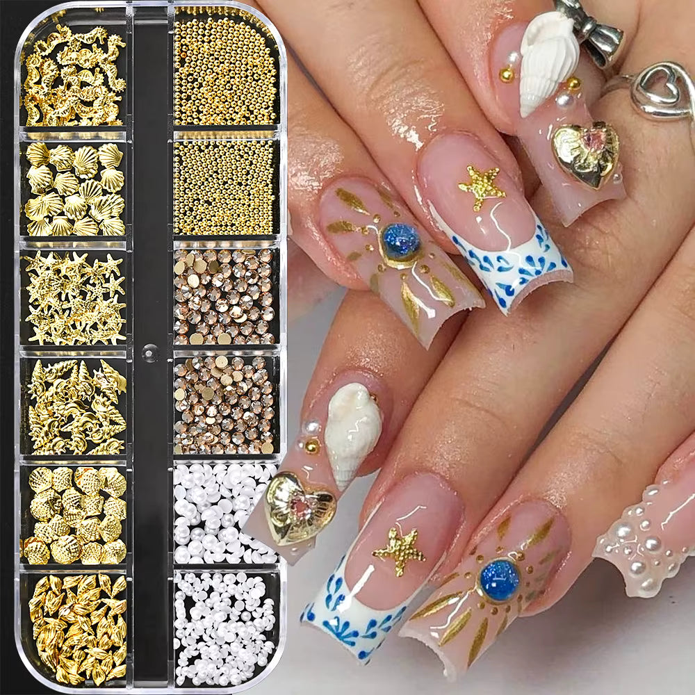 12Grids Ocean Gold Nail Art Charms Shell/Seahorse/Starfish White Half Round Pearl Gems 3D Mixed Punk Manicure Metal Rivets Studs