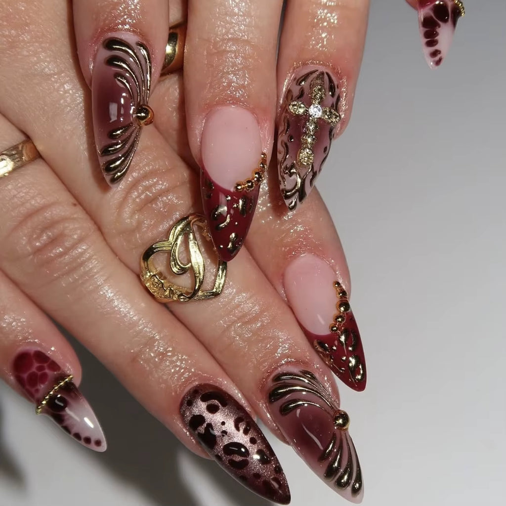 Medium fake nails for women gradient coffee brown 3D embossed flowers or leopard cross with rhinestones full cover press on nail