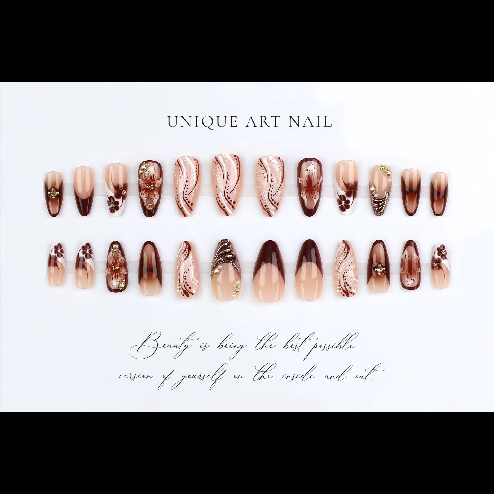 Medium fake nails for women gradient coffee brown 3D embossed flowers or leopard cross with rhinestones full cover press on nail