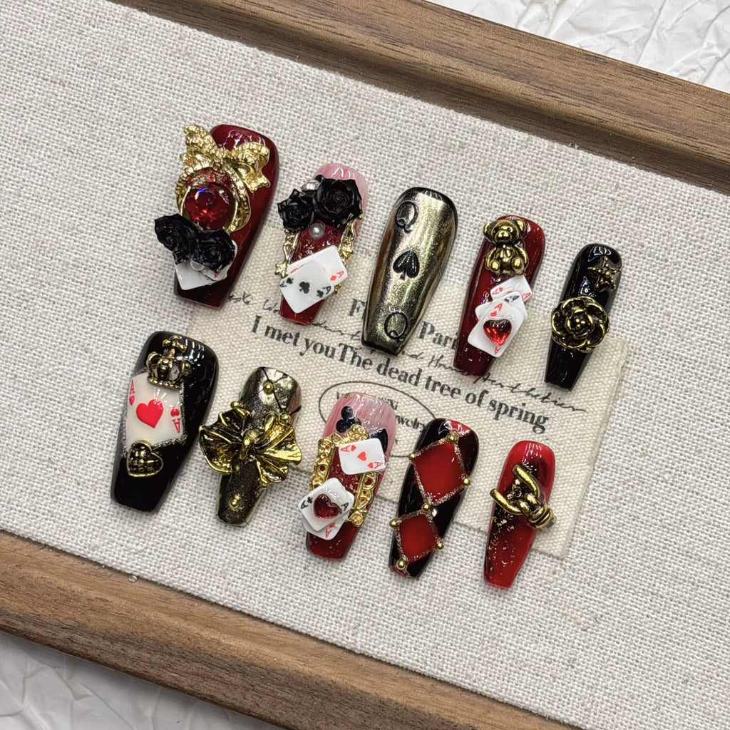 10Pcs Gothic Alice Poker 3D Heavy Metal Coffin Press On Nails, Wine Red Black Gold Rhombus Fake Nails With Poker Cards Black Rose