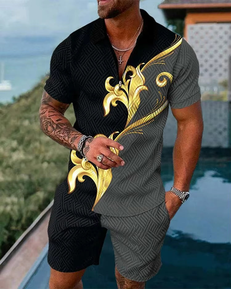 Men's Tracksuit Set Summer Luxury Pattern 3D Print Casual Zipper Polo Shirt Suit Shorts 2 Pcs Fashion Streetwear Man Clothing
