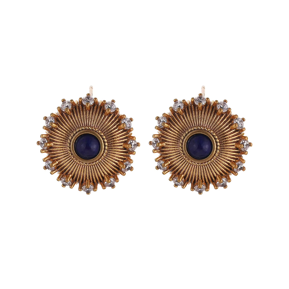 Women's Vintage Gold Plated Lapis Lazuli Sunburst Stud Earrings with Zircon Crystal Accents, Fashion Jewelry Gift