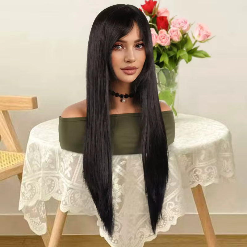 Woman Daily Clothing Match Straight Black Long Hair Ball Evening Dress Dress Up Curtain Bangs Headgear Party Lady Synthetic Wig