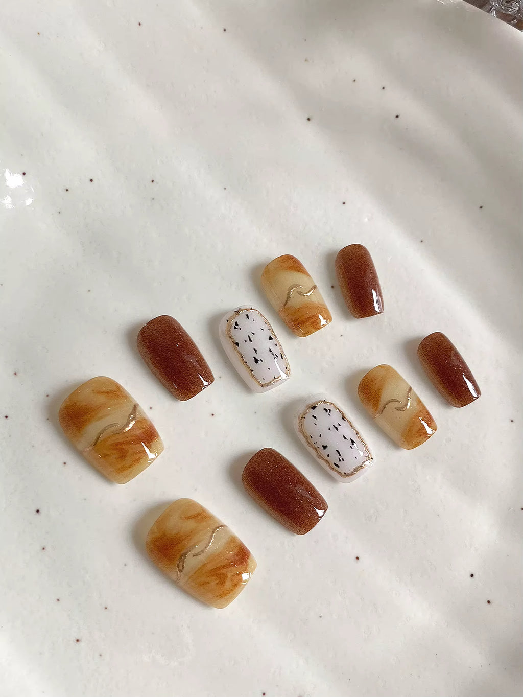 10-Piece Set of Caramel Milk Coffee Marble Press-On Nails