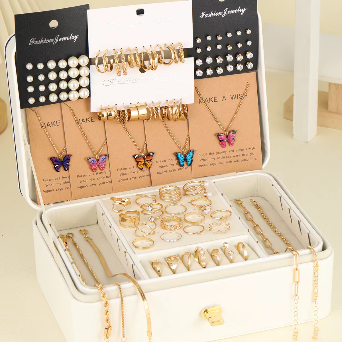104 Pcs/Set Fashion Metal Pearl Zircon Earrings &nbsp;Butterfly Necklaces Bracelets Rings Combinations Jewelry Sets For Women's Gifts
