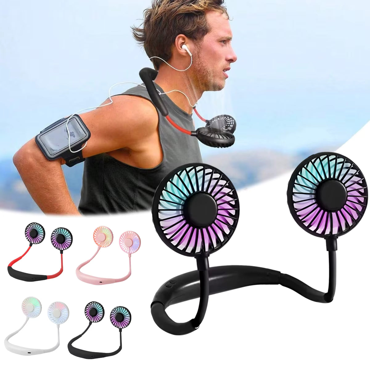 USB Rechargeable Mini Sports 3-Speed Adjustable Neck Dual Fan Home OfficeOutdoor Travel Portable Hanging Neck Fan