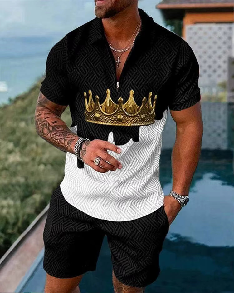 Men's Tracksuit Set Summer Luxury Pattern 3D Print Casual Zipper Polo Shirt Suit Shorts 2 Pcs Fashion Streetwear Man Clothing