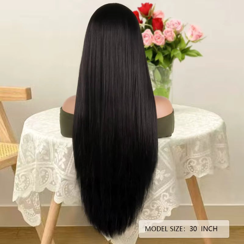Woman Daily Clothing Match Straight Black Long Hair Ball Evening Dress Dress Up Curtain Bangs Headgear Party Lady Synthetic Wig