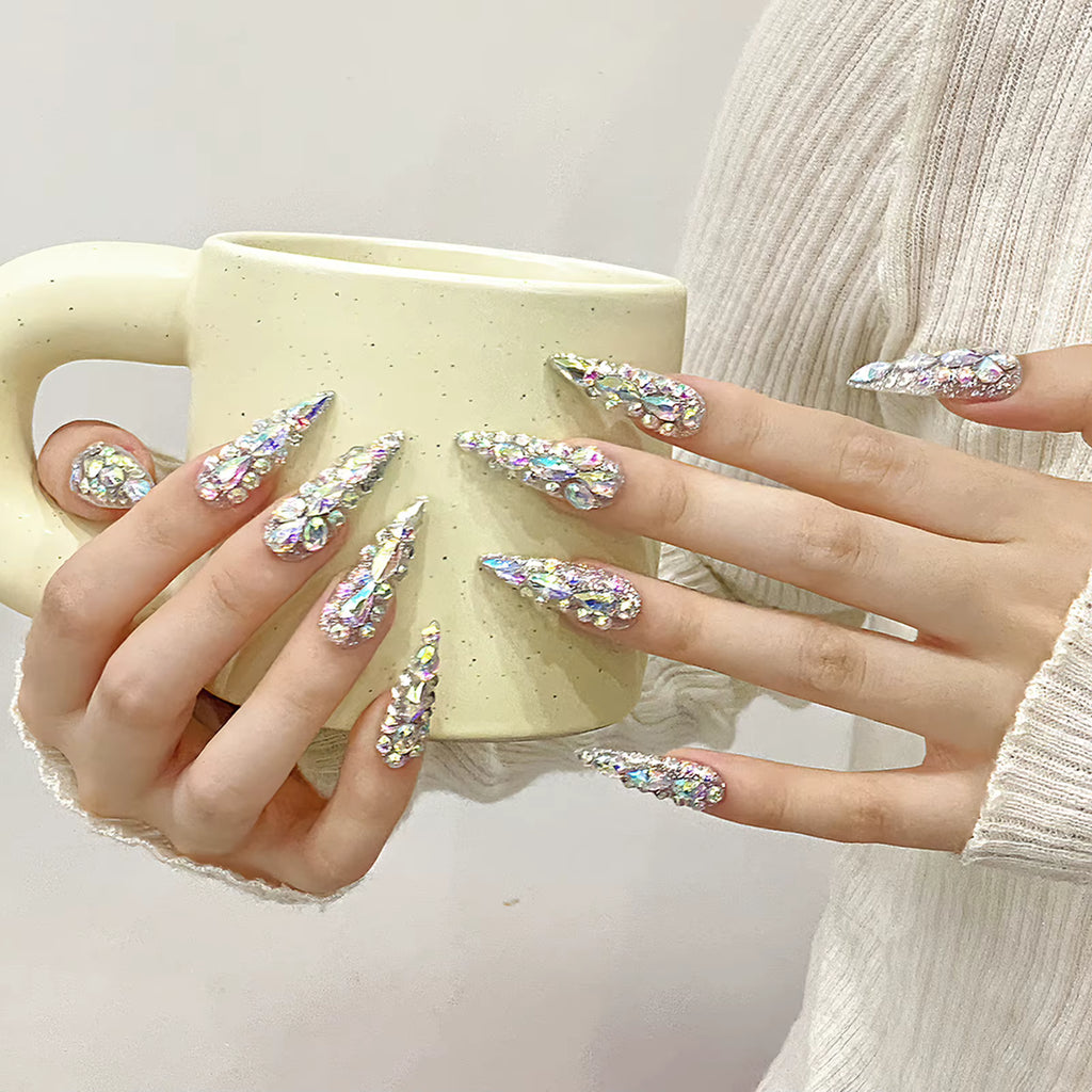 10pcs Handmade Press On Nails Long Stiletto False Nails Massive Glossy Rhinestone Decor Full Cover Ballerina Wearable Manicure