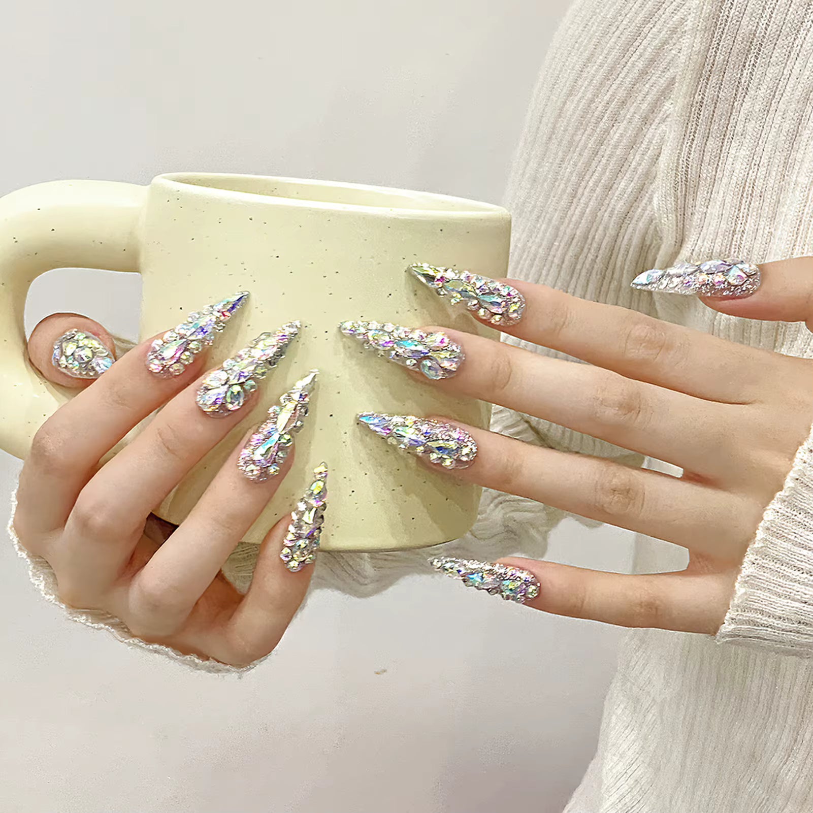 10pcs Handmade Press On Nails Long Stiletto False Nails Massive Glossy Rhinestone Decor Full Cover Ballerina Wearable Manicure