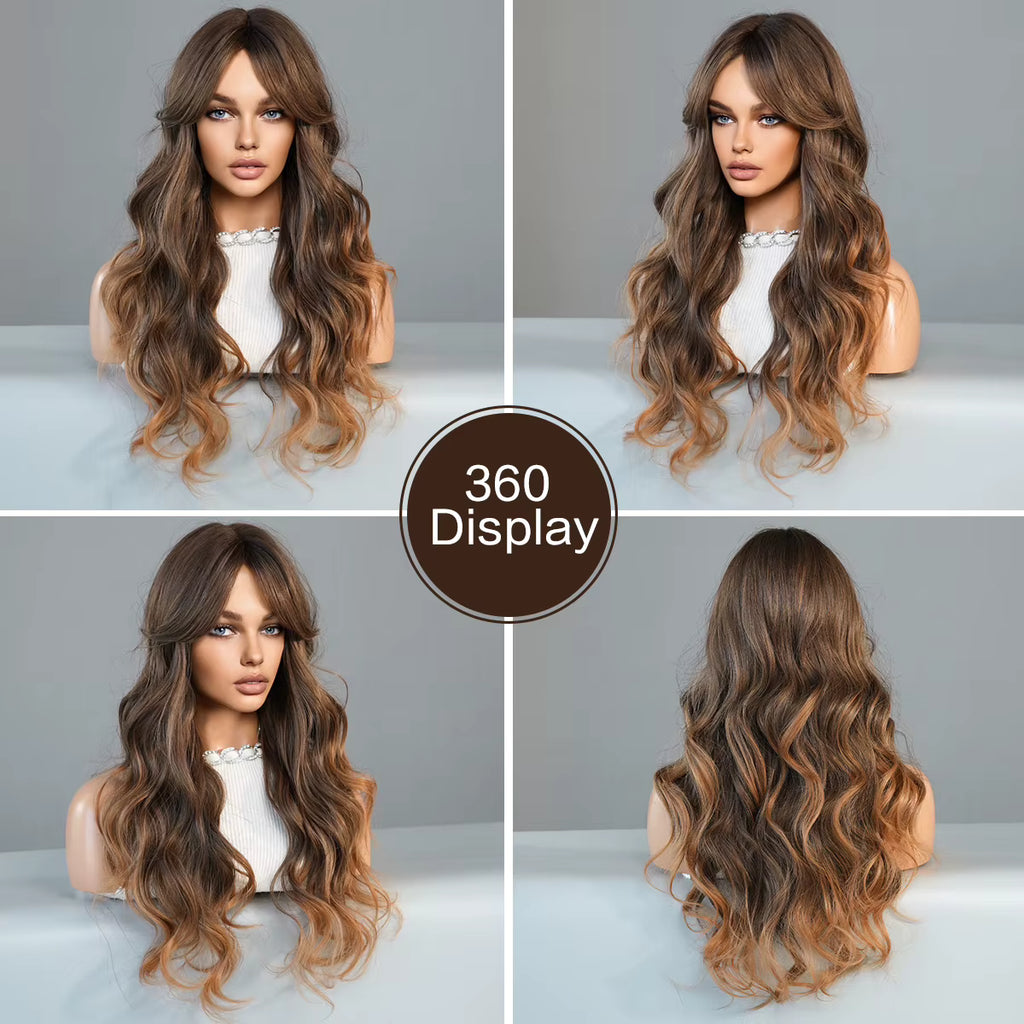 7JHH WIGS Loose Body Wavy Middle Part Brown Ombre Blonde Wigs with Curtain Bangs High Density Wave Hair Wigs for Women Daily Use