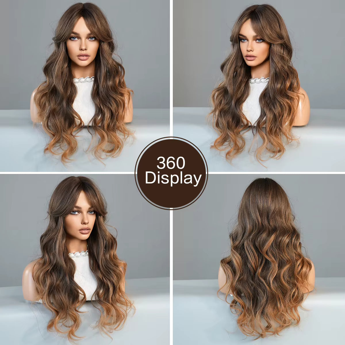 7JHH WIGS Loose Body Wavy Middle Part Brown Ombre Blonde Wigs with Curtain Bangs High Density Wave Hair Wigs for Women Daily Use