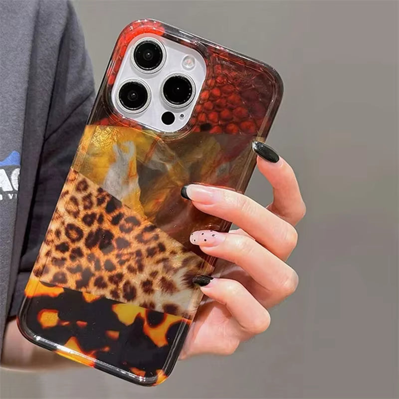 Ins Stripes Leopard Jigsaw Wave Point Print Phone Case for iPhone 16 17 15 14 13 11 12 Pro Max Plus Patchwork Vortex Cover Funda