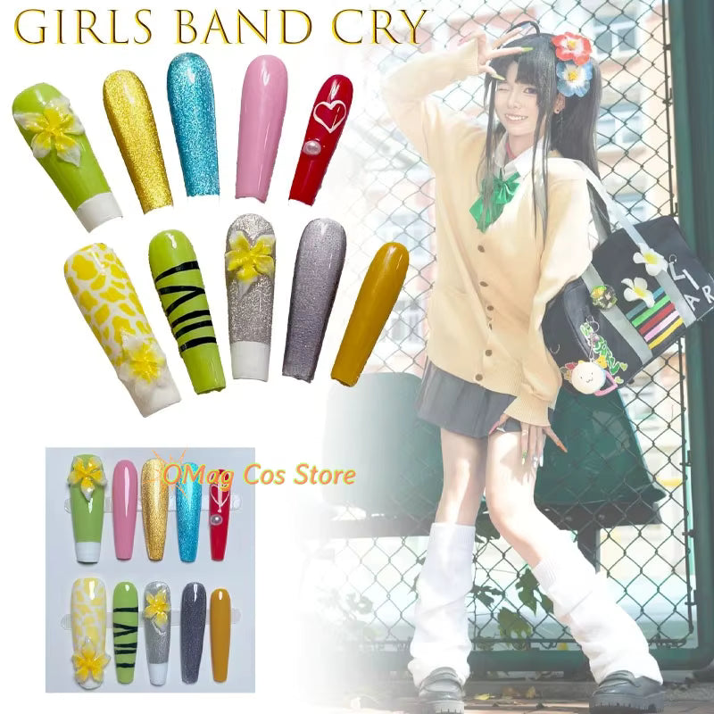 Girls Band Cry Anon Subaru Showa Gal Cat Eye Press On Nails Cosplay Accessory Anime Music Band Gradient Color Press On Nail Art