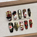 10Pcs Gothic Alice Poker 3D Heavy Metal Coffin Press On Nails, Wine Red Black Gold Rhombus Fake Nails With Poker Cards Black Rose