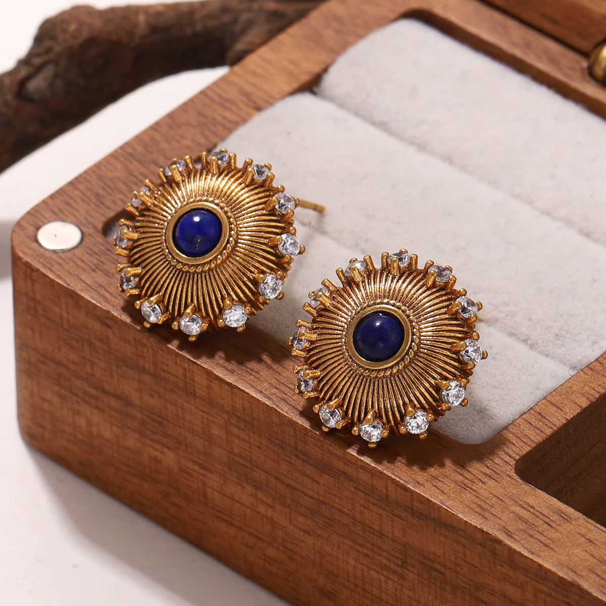 Women's Vintage Gold Plated Lapis Lazuli Sunburst Stud Earrings with Zircon Crystal Accents, Fashion Jewelry Gift