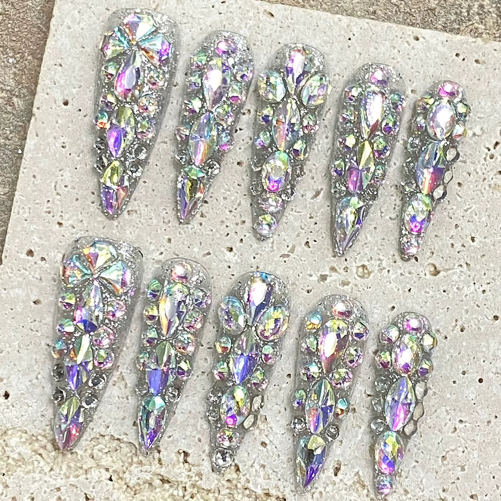 10pcs Handmade Press On Nails Long Stiletto False Nails Massive Glossy Rhinestone Decor Full Cover Ballerina Wearable Manicure