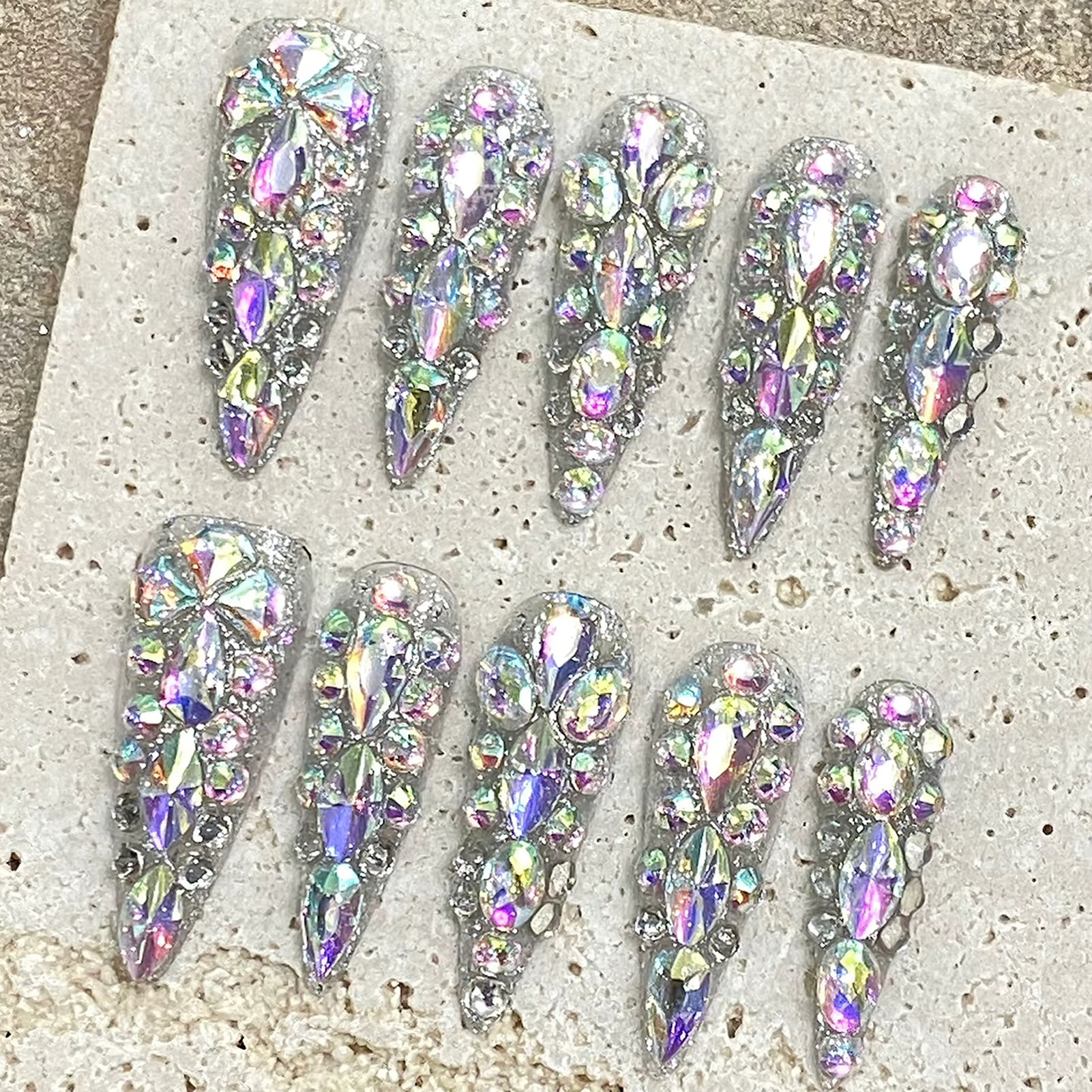 10pcs Handmade Press On Nails Long Stiletto False Nails Massive Glossy Rhinestone Decor Full Cover Ballerina Wearable Manicure