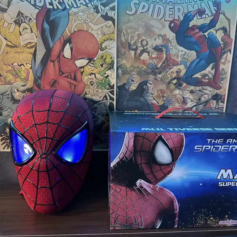 Amazing Spider Man Figure Mask Wearable Headgear Helmet With Ring Control Eye Light Cosplay Props Collection Model Toy Gift 1:1