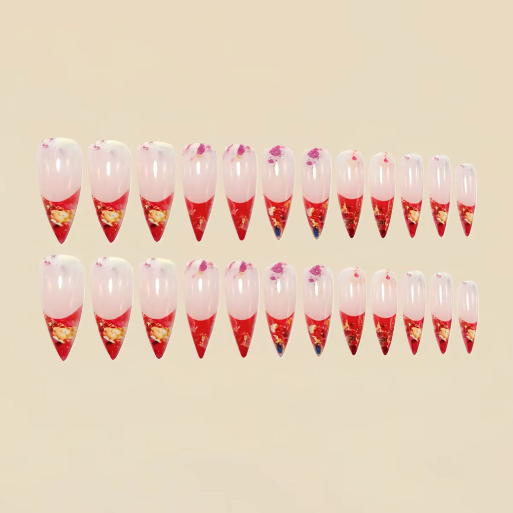 Medium fake nails for women girls gradient pink golden red marble strips printing Square almond nail tips press on false nail