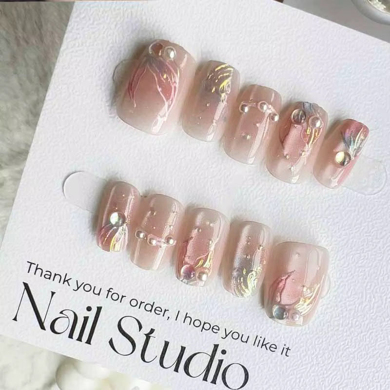 10Pcs Ocean Secret Realm Blue Matte Fish Tail Aurora Short Round Head Press on Nails Pink Fish Tail with Pearl Flase Nail Patch