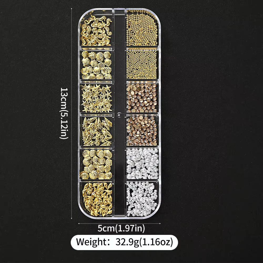 12Grids Ocean Gold Nail Art Charms Shell/Seahorse/Starfish White Half Round Pearl Gems 3D Mixed Punk Manicure Metal Rivets Studs